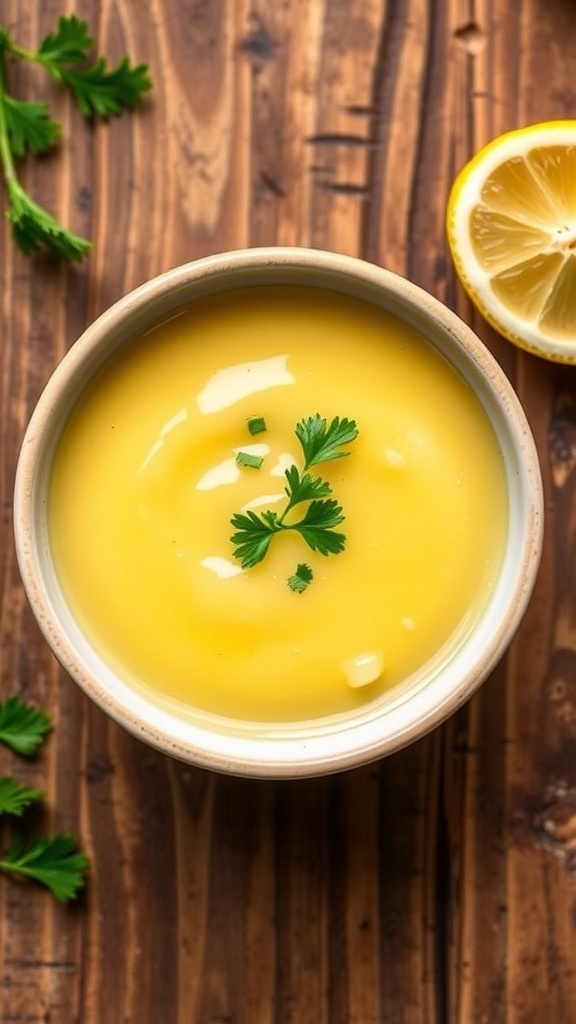 A bowl of lemon butter sauce garnished with parsley, with a lemon half on a rustic table.